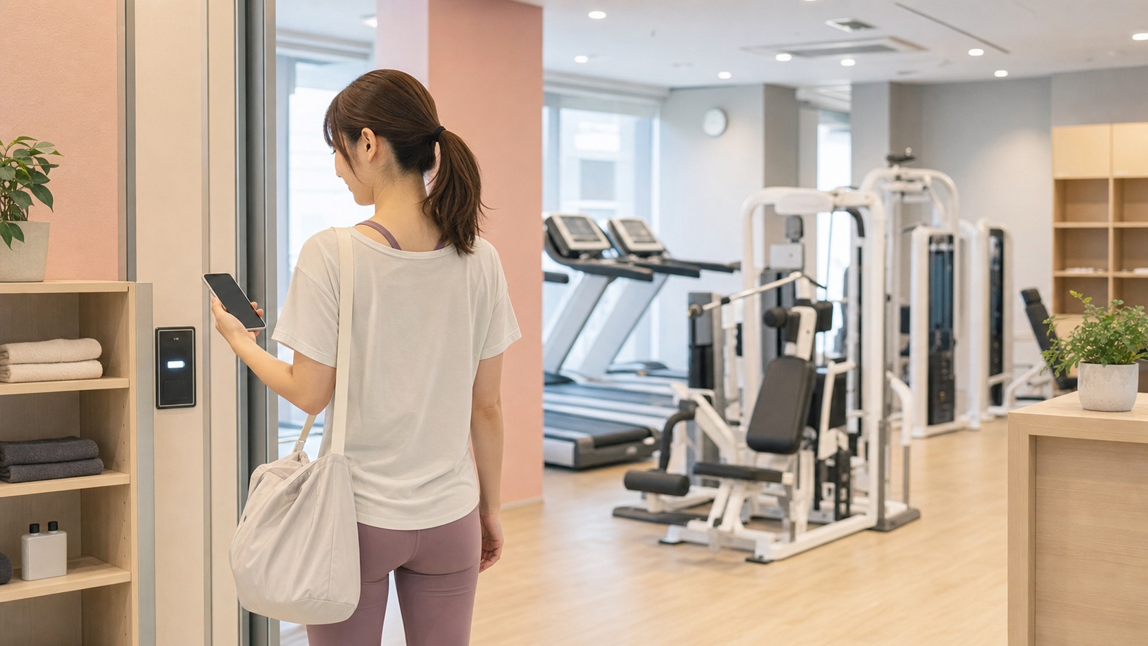 女性専用ジムをイメージした明るい無人ジムの入口とトレーニングマシン