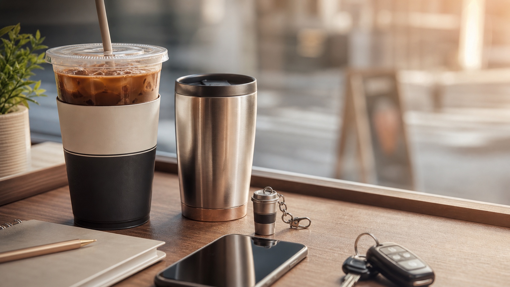 窓辺のデスクに大きめのアイスコーヒー、ステンレスタンブラー、コーヒーカップ型キーホルダーを並べたイメージ