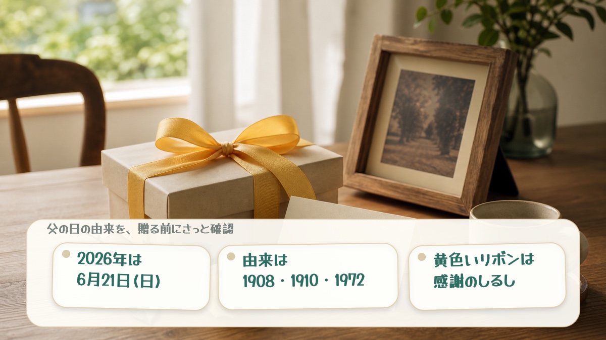 父の日の贈り物の写真に、2026年の日付、由来の年、黄色いリボンの意味を手書き風メモで添えたイメージ