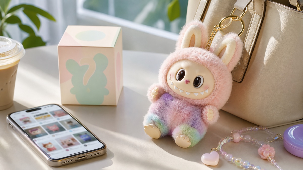 バッグに付いたぬいぐるみ風チャームとブラインドボックス、スマートフォンを並べたトレンド解説用のイメージ