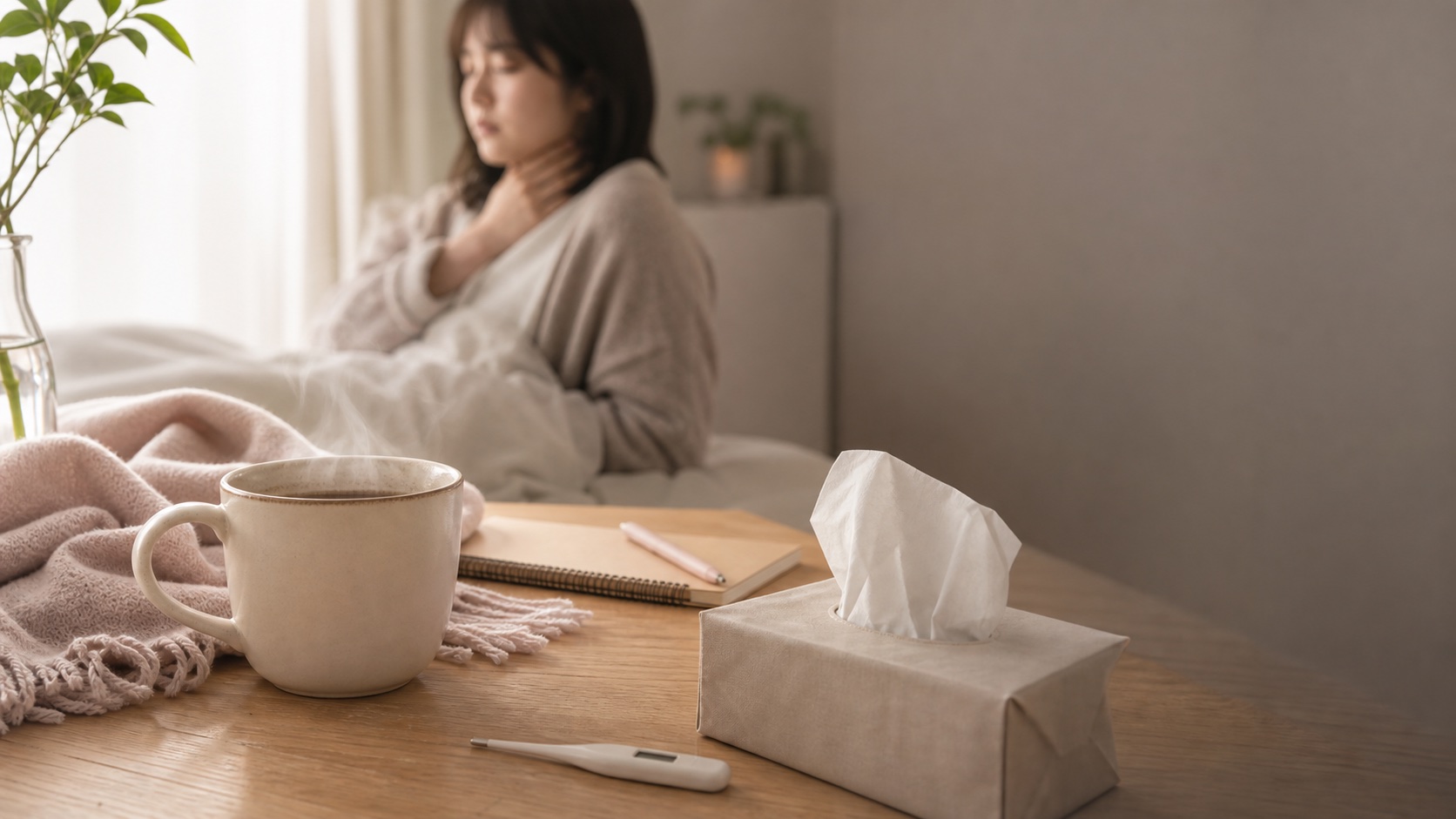 温かい飲み物と体温計、ティッシュを置いた室内で喉の不調を感じる朝のイメージ