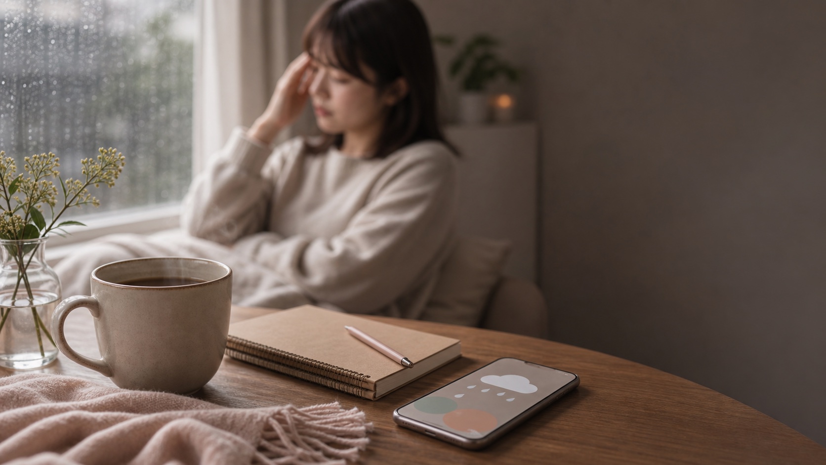 雨の窓辺で温かい飲み物と天気アプリを置き、頭の重さを感じる女性のイメージ