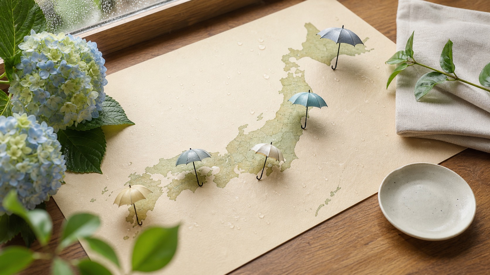 日本列島の各地に傘が置かれ、雨雲とあじさいで梅雨入り予想を表したイメージ