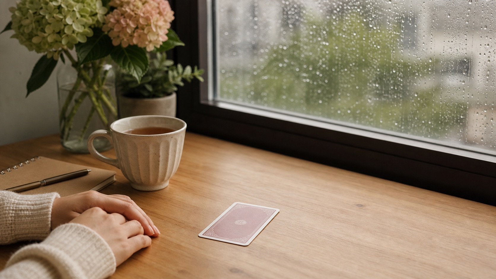 雨の窓辺に温かい飲み物、ノート、伏せたタロットカードを置いた梅雨前のセルフチェックのイメージ