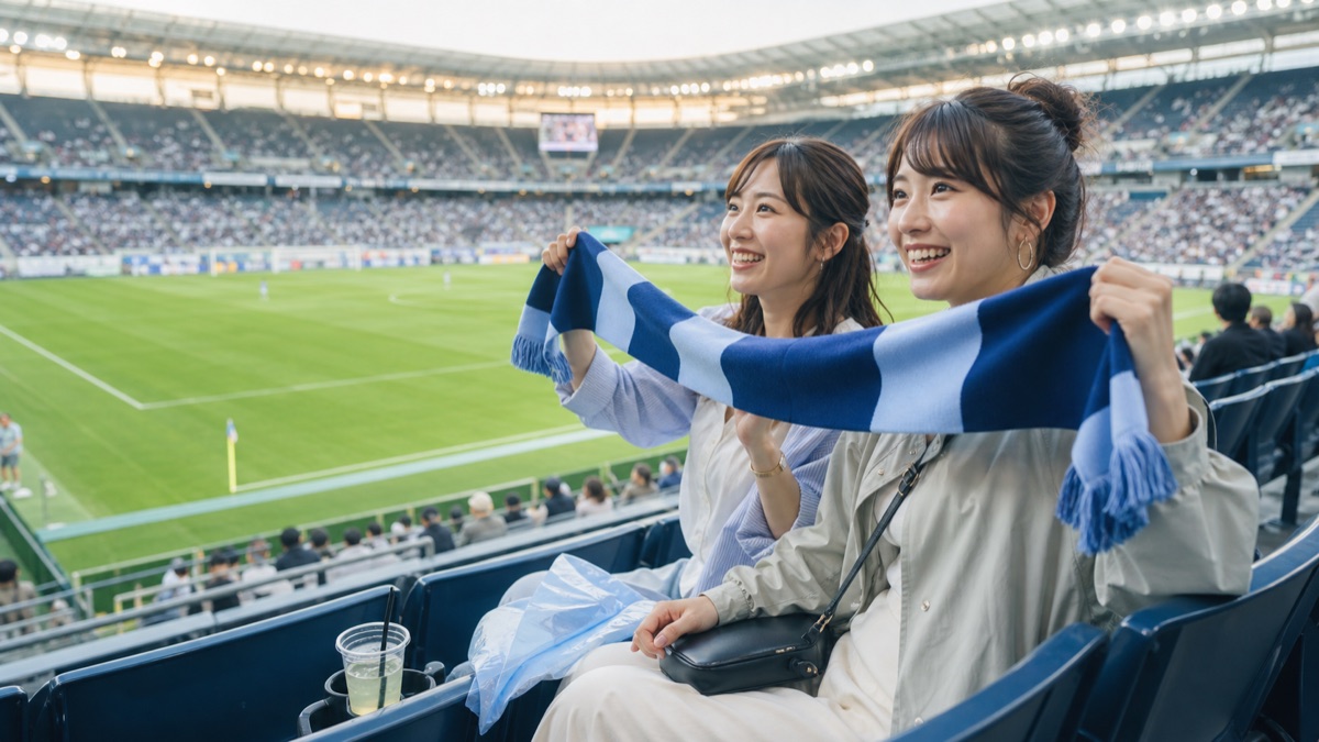 サッカースタジアムの観客席で、女性二人が青いマフラーを掲げて観戦を楽しんでいるイメージ
